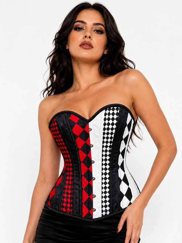 Red Black & White Harlequin Corset, Harlequin Jester Corset