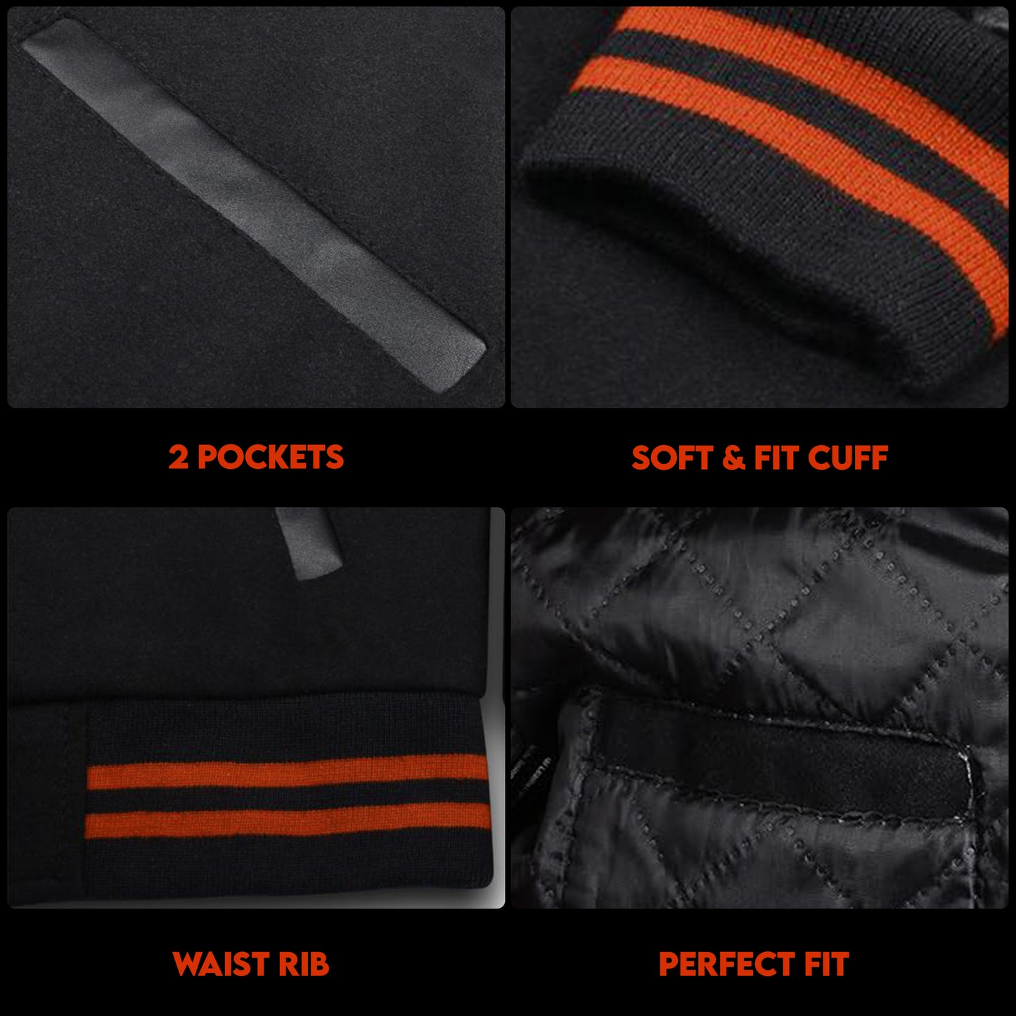 Black Baseball Jacket, Varsity Jacket with Real Leather Sleeves