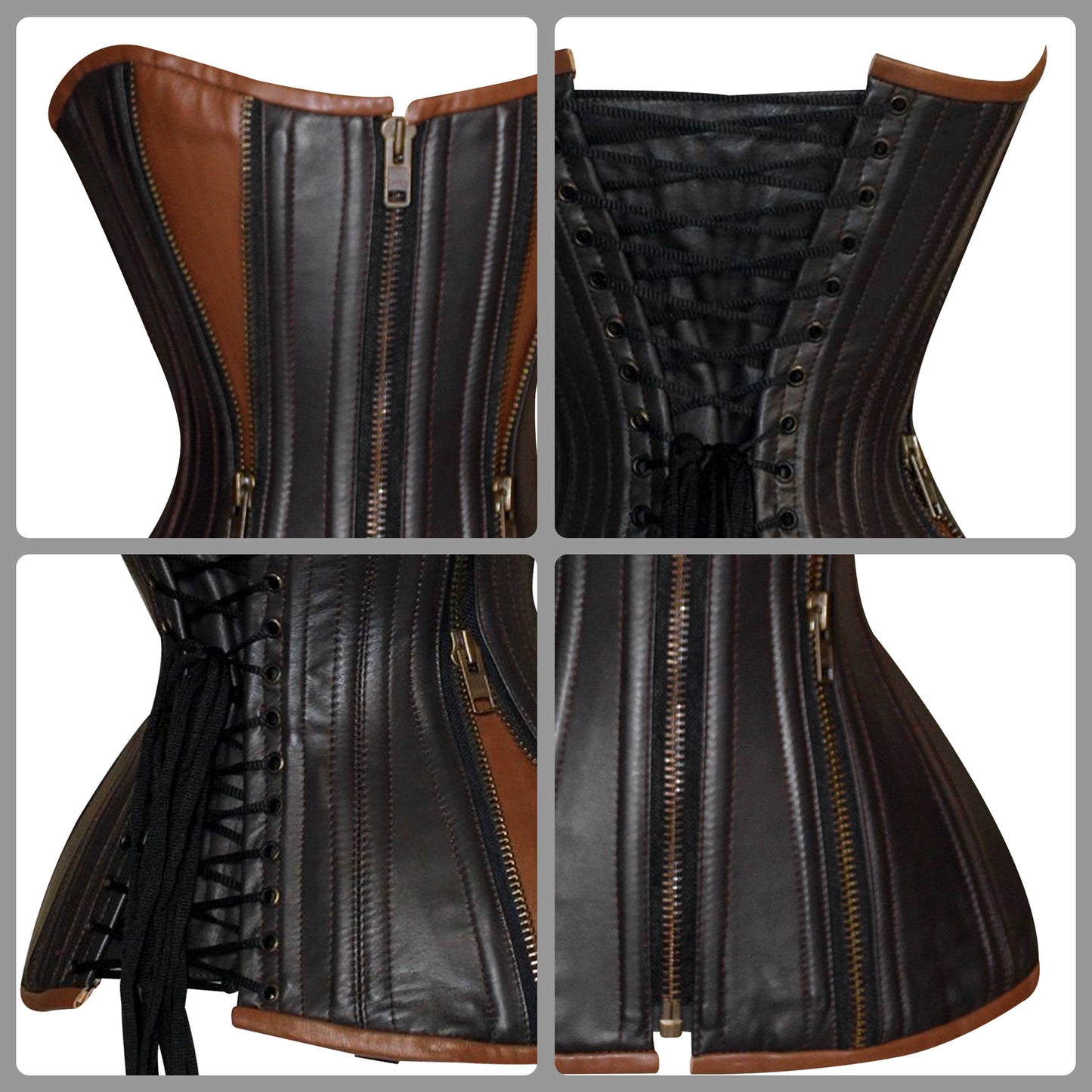 Steel Boned Real Leather Halfbust corset w/ Front Zipper