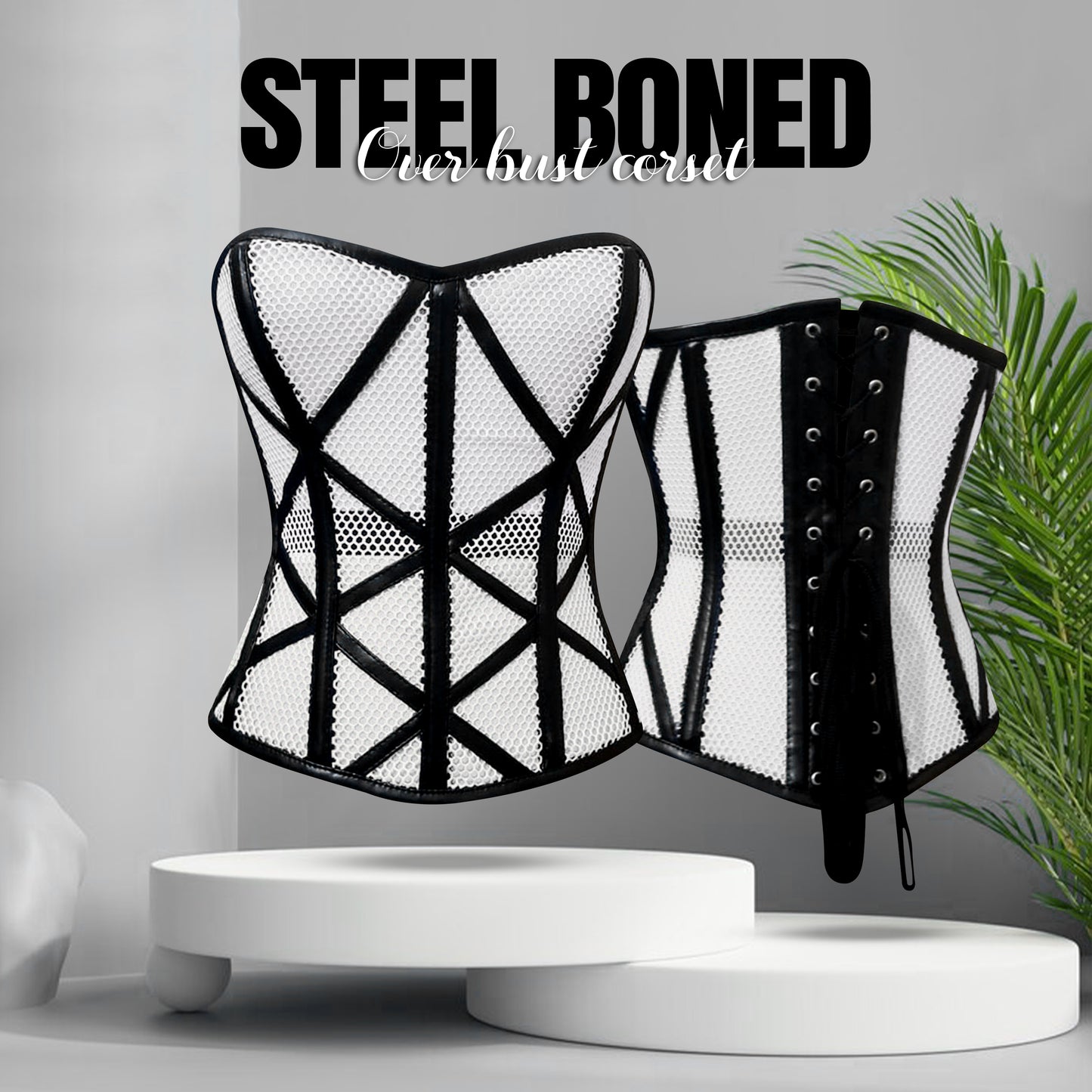 Stylish Overbust Faux/Fishnet Steel boned Corset