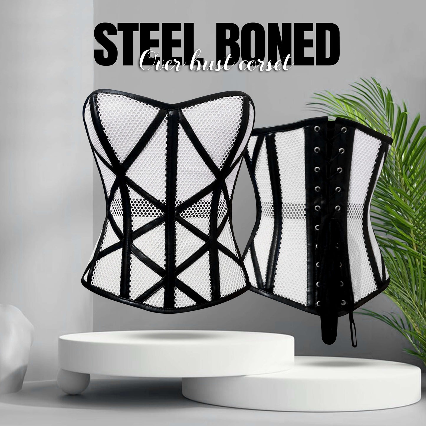 Stylish Overbust Faux/Fishnet Steel boned Corset