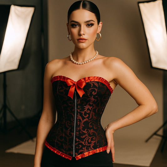 Plus Size Red Brocade Overbust Corset - Laced Corset