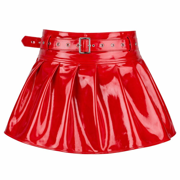 Red PVC Patent Leather Mini Skirt with Belt