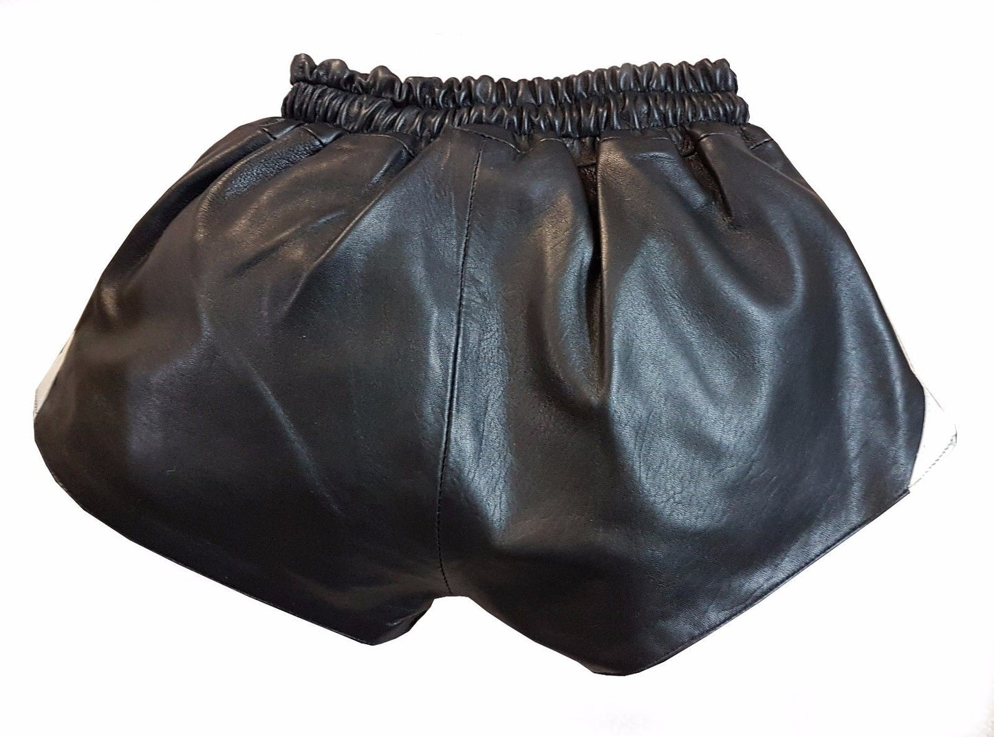 Men Black Real Leather Shorts w/ Elastic Band