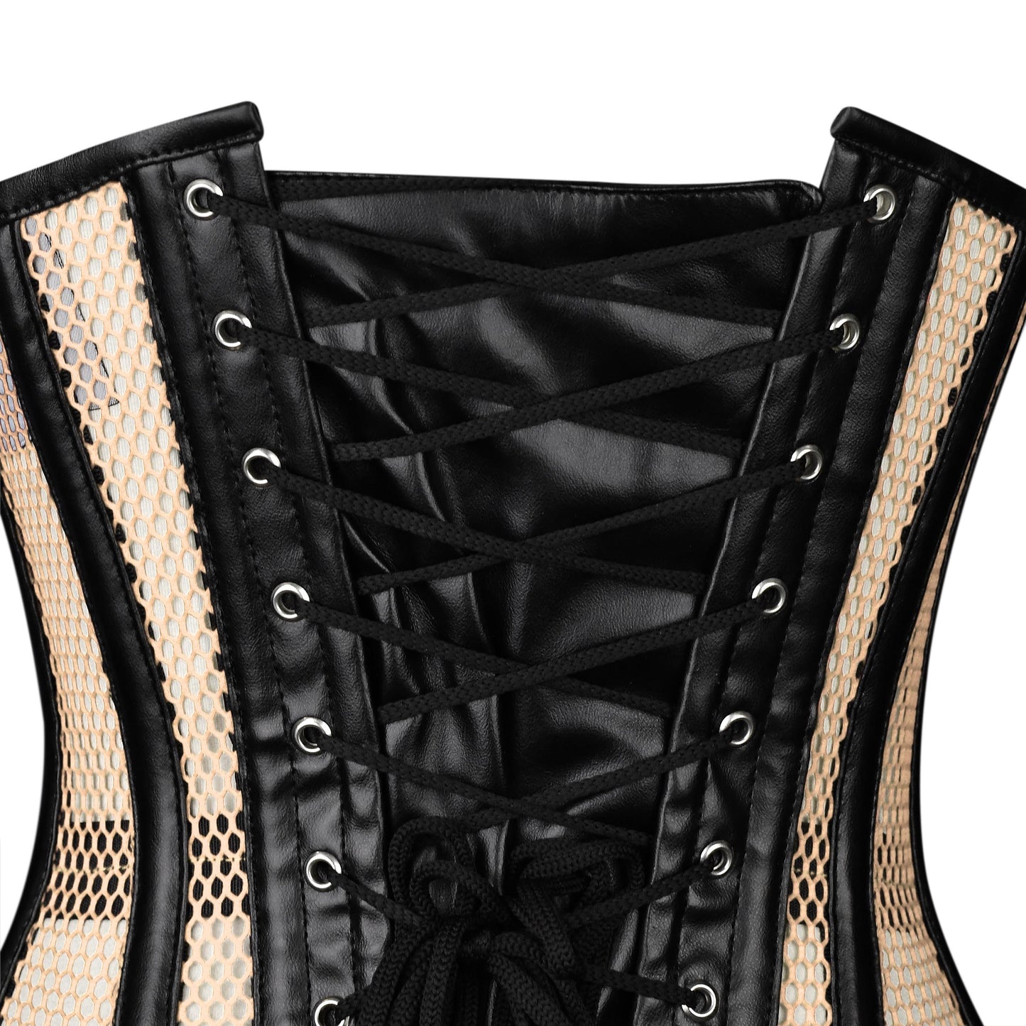 Nude Mesh & Black Leather Steel-Busks Corset