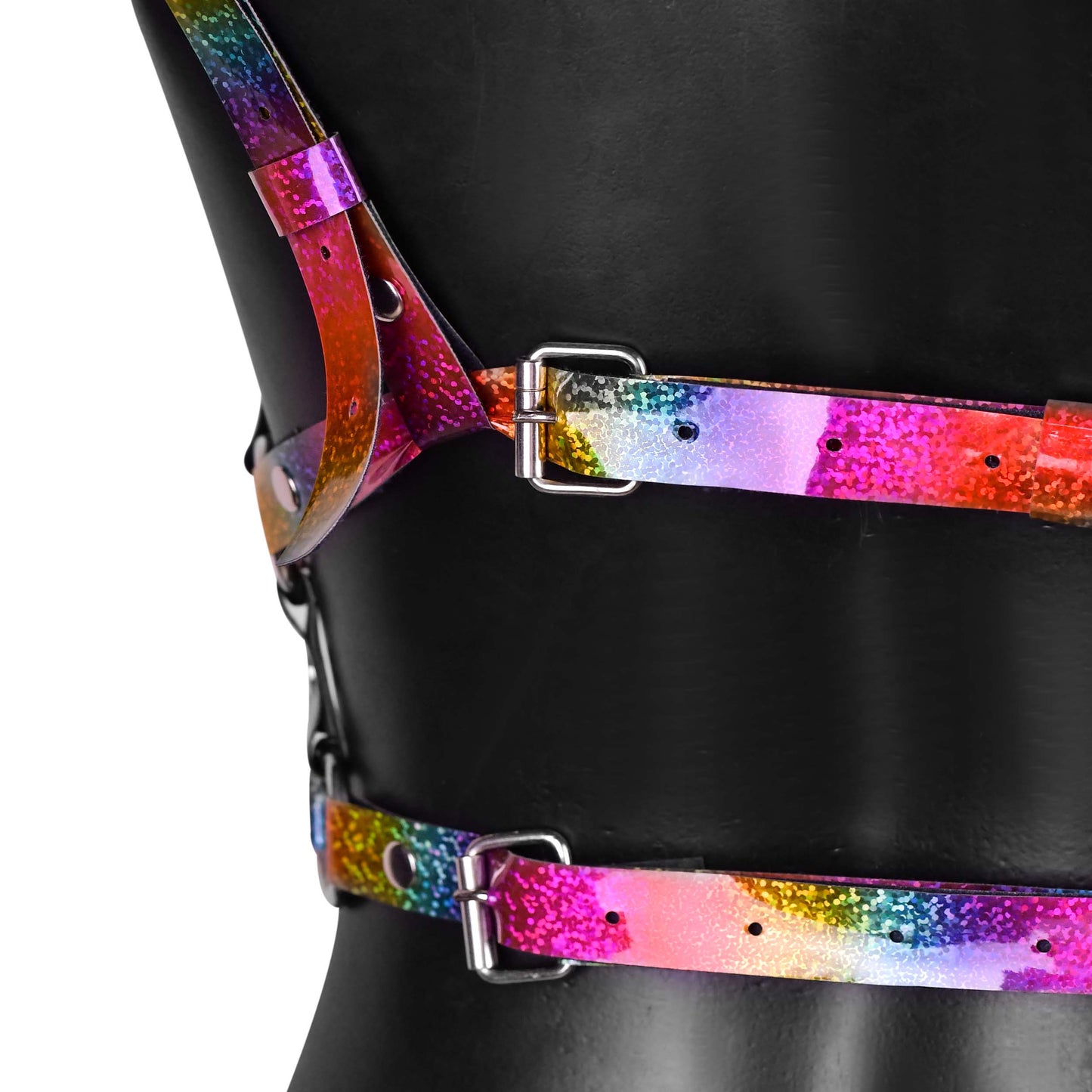 Rainbow Leather Harness with Chain Fringe