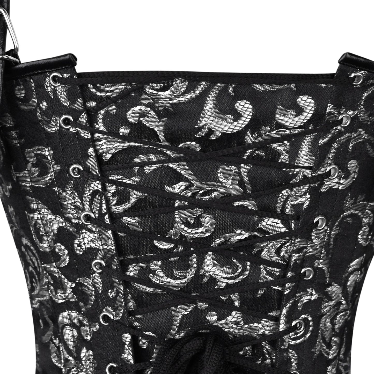 Black & Silver Brocade Corset with Shoulder Straps