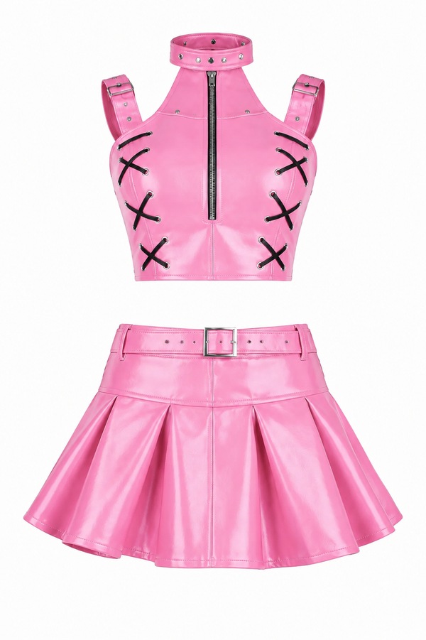 Pink PVC Corset with Pleated Skirt & Strap Detail Set