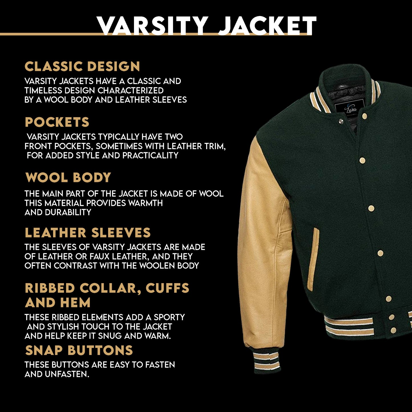 Varsity Baseball Jacket, Bomber Jacket with Real Leather Sleeves