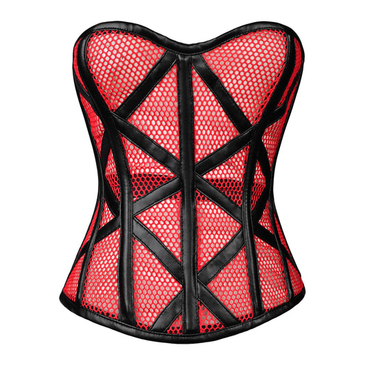 Red Mesh Cage Corset with Black Leather Straps