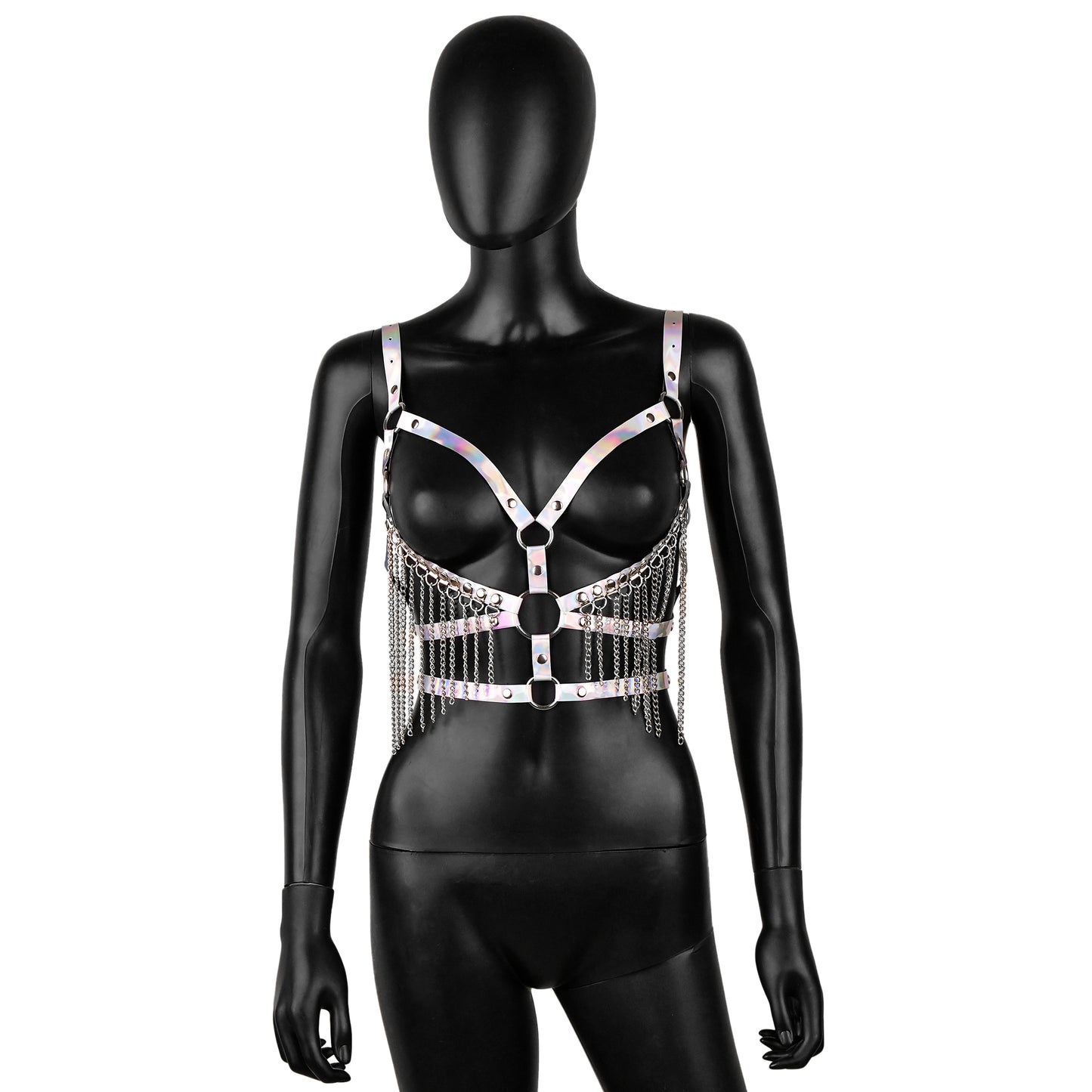White Iridescent Leather Harness with Chain Fringe