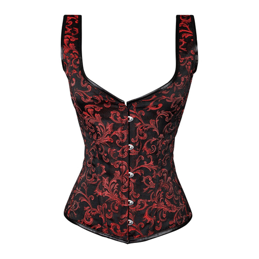 Red & Black Brocade Corset with Shoulder Straps