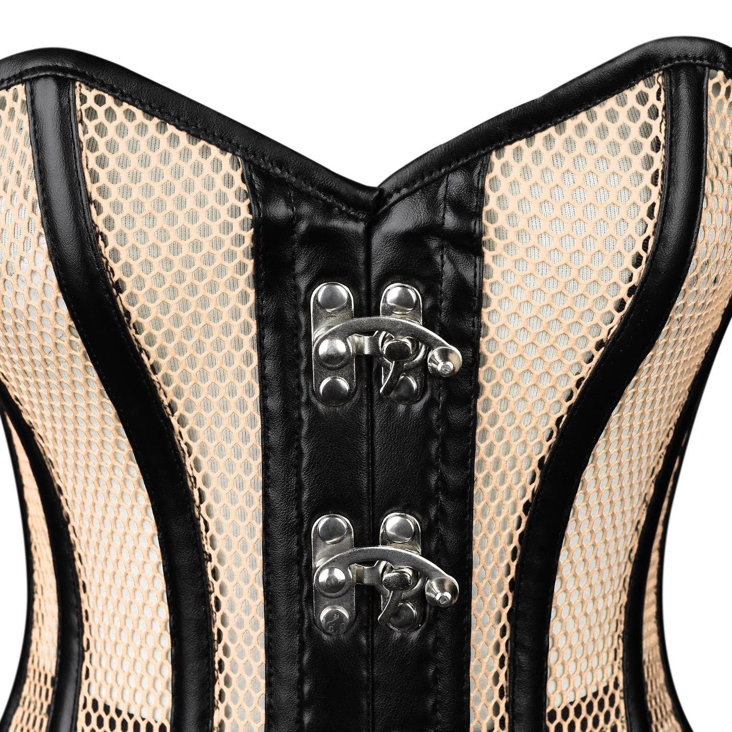 Nude Mesh & Black Leather Steel-Busks Corset
