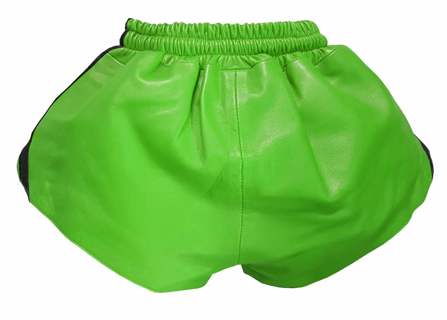 Men Green Real Leather Shorts w/ Elastic Band