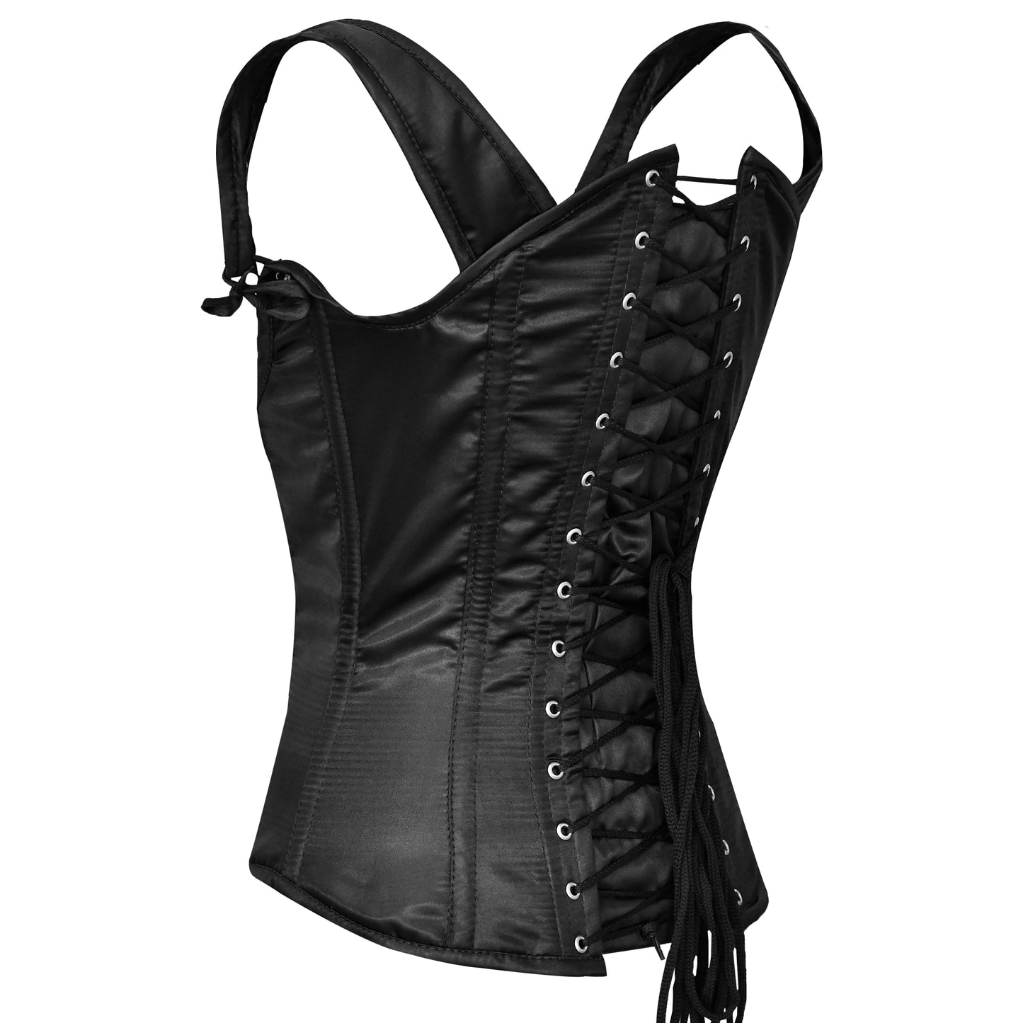 Black Satin Steel Boned Under bust corset w/ Shoulder Straps