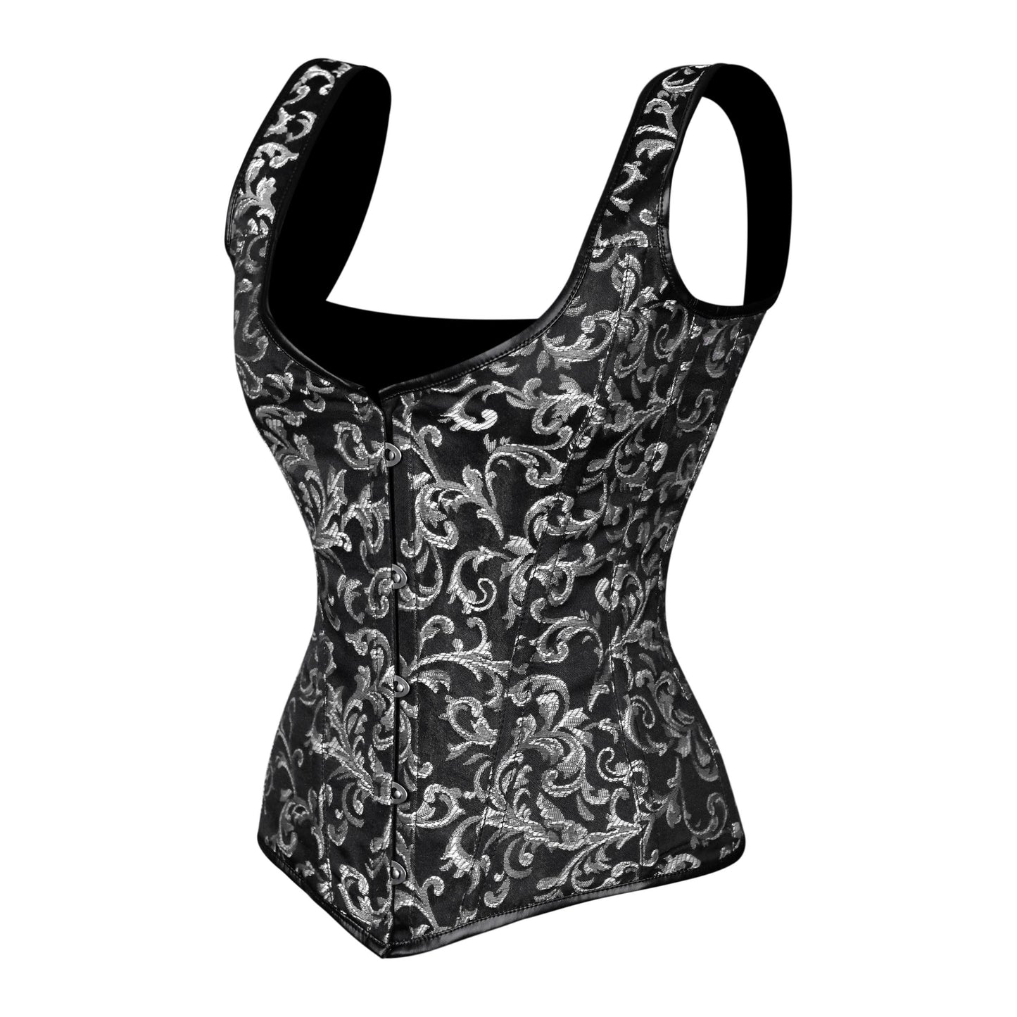 Black & Silver Brocade Corset with Shoulder Straps