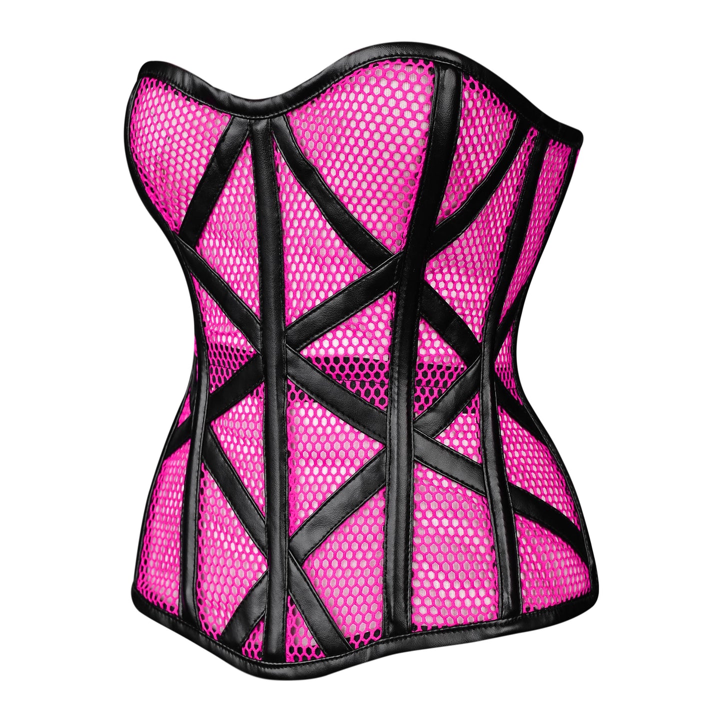 Pink Mesh Cage Corset with Faux Leather Straps