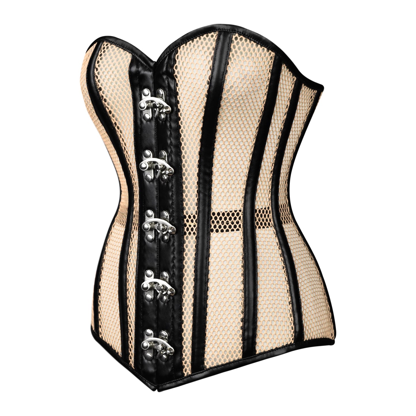 Nude Mesh & Black Leather Steel-Busks Corset