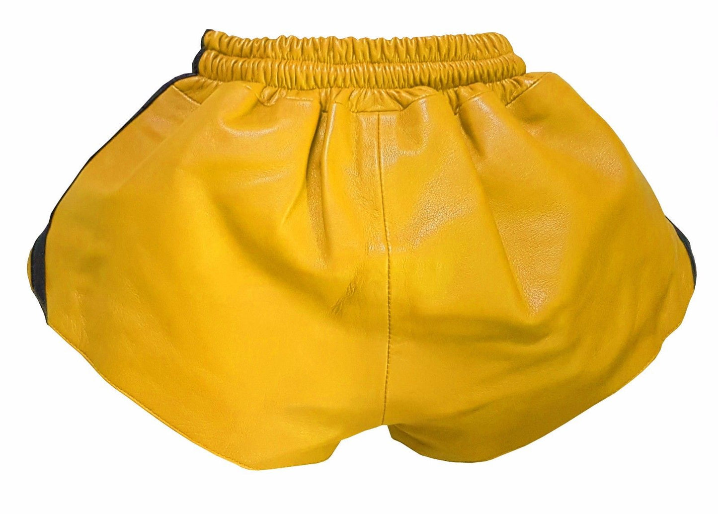 Men Yellow Real Leather Shorts w/ Elastic Band