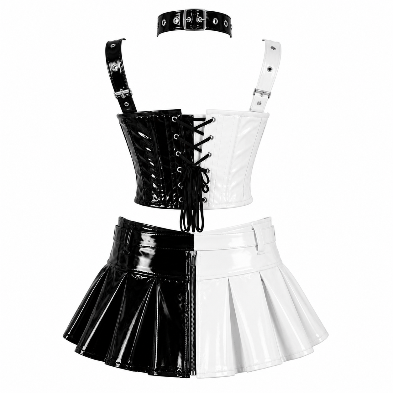 Skeleton Queen PVC Corset with Pleated Skirt & Strap Detail Set
