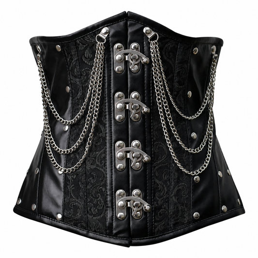 Steel Boned Black Gothic Brocade Underbust Corset with Chains
