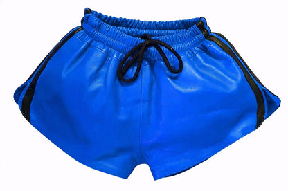 Men Blue Real Leather Shorts w/ Elastic Band