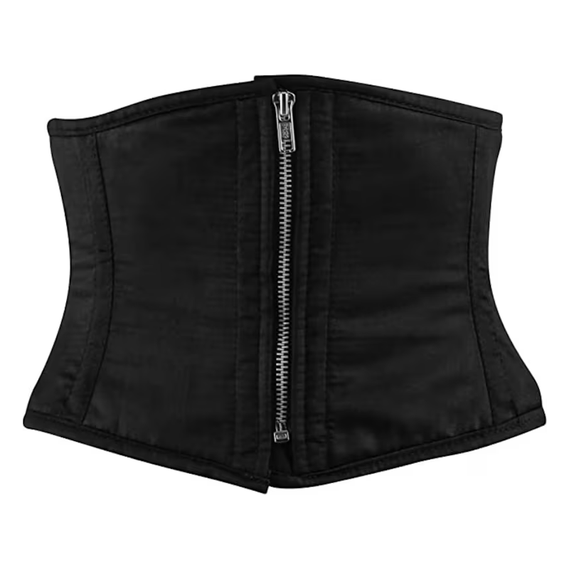 Black Satin Steel Boned Mini Cincher Corset w/ Front Zipper