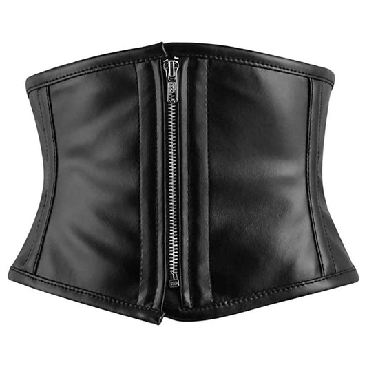 Black Faux Leather Steel Boned Mini Cincher Waist Trainer w/ Front Zipper
