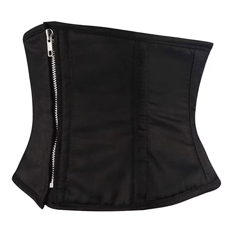 Black Satin Steel Boned Mini Cincher Corset w/ Front Zipper