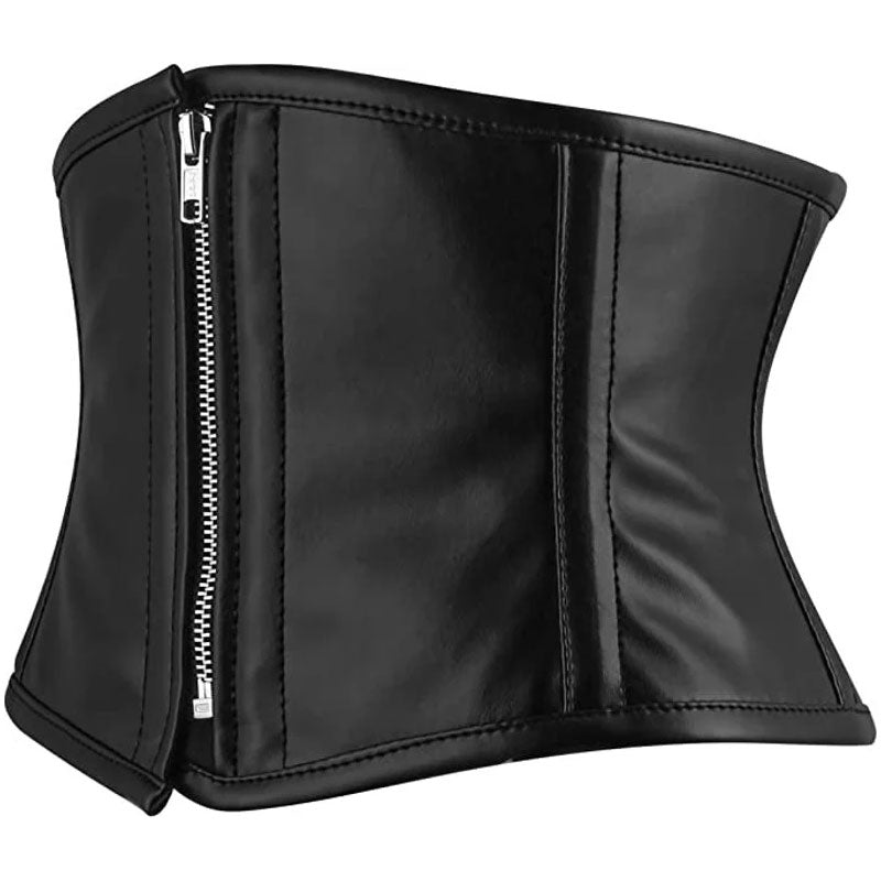 Black Faux Leather Steel Boned Mini Cincher Waist Trainer w/ Front Zipper