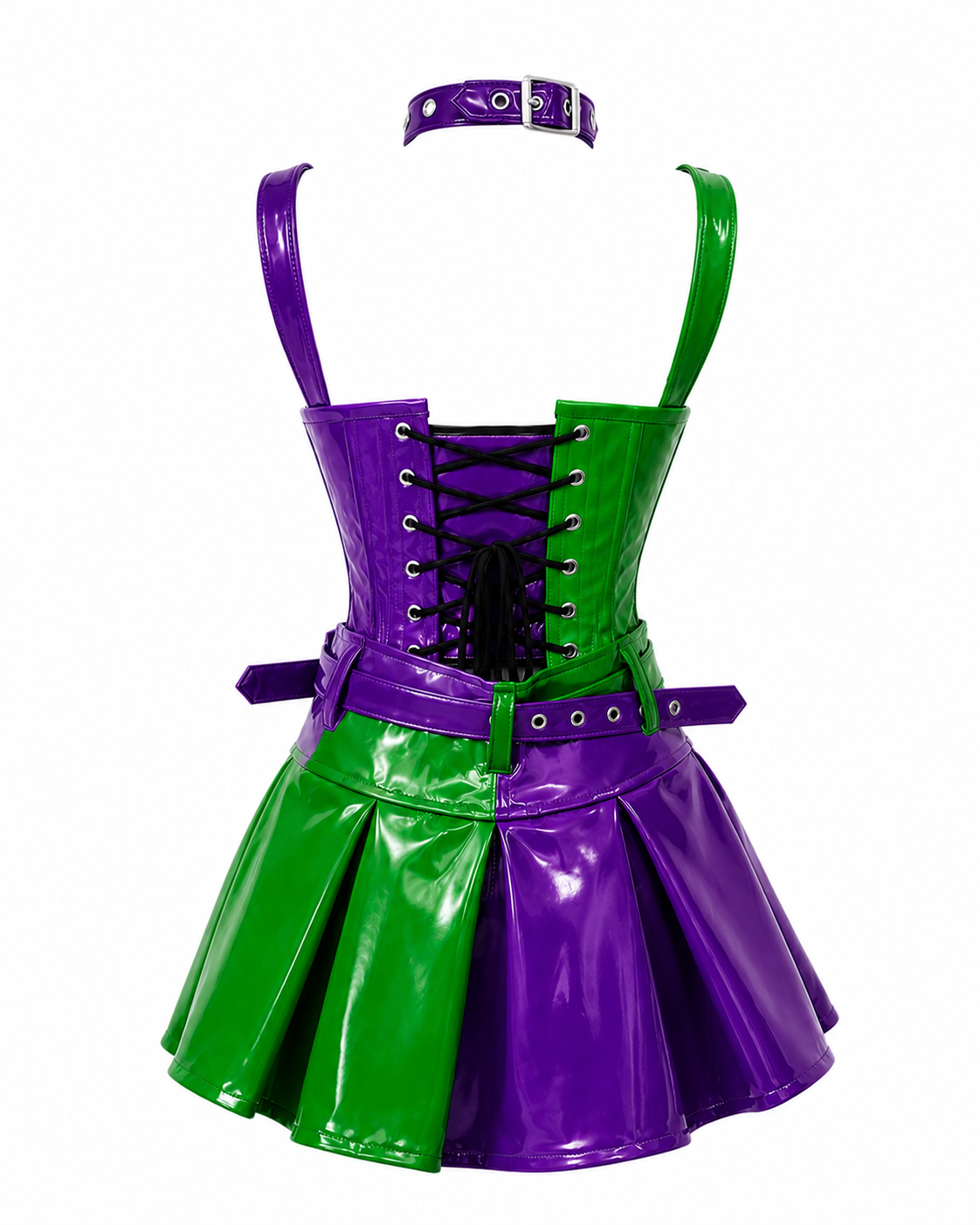 Joker Jester PVC Corset with Pleated Skirt & Strap Detail Set
