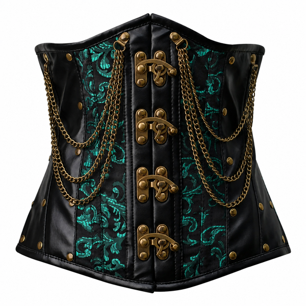 Steel Boned Gothic Brocade Under bust Corset with Chains