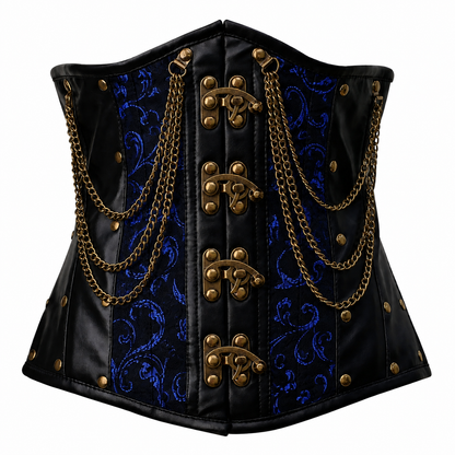 Steel Boned Blue Gothic Brocade Under bust Corset with Chains