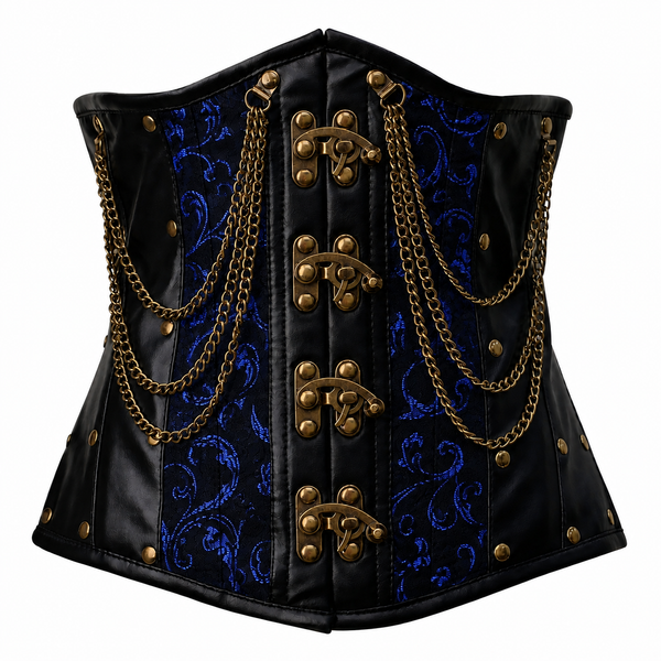 Steel Boned Blue Gothic Brocade Under bust Corset with Chains
