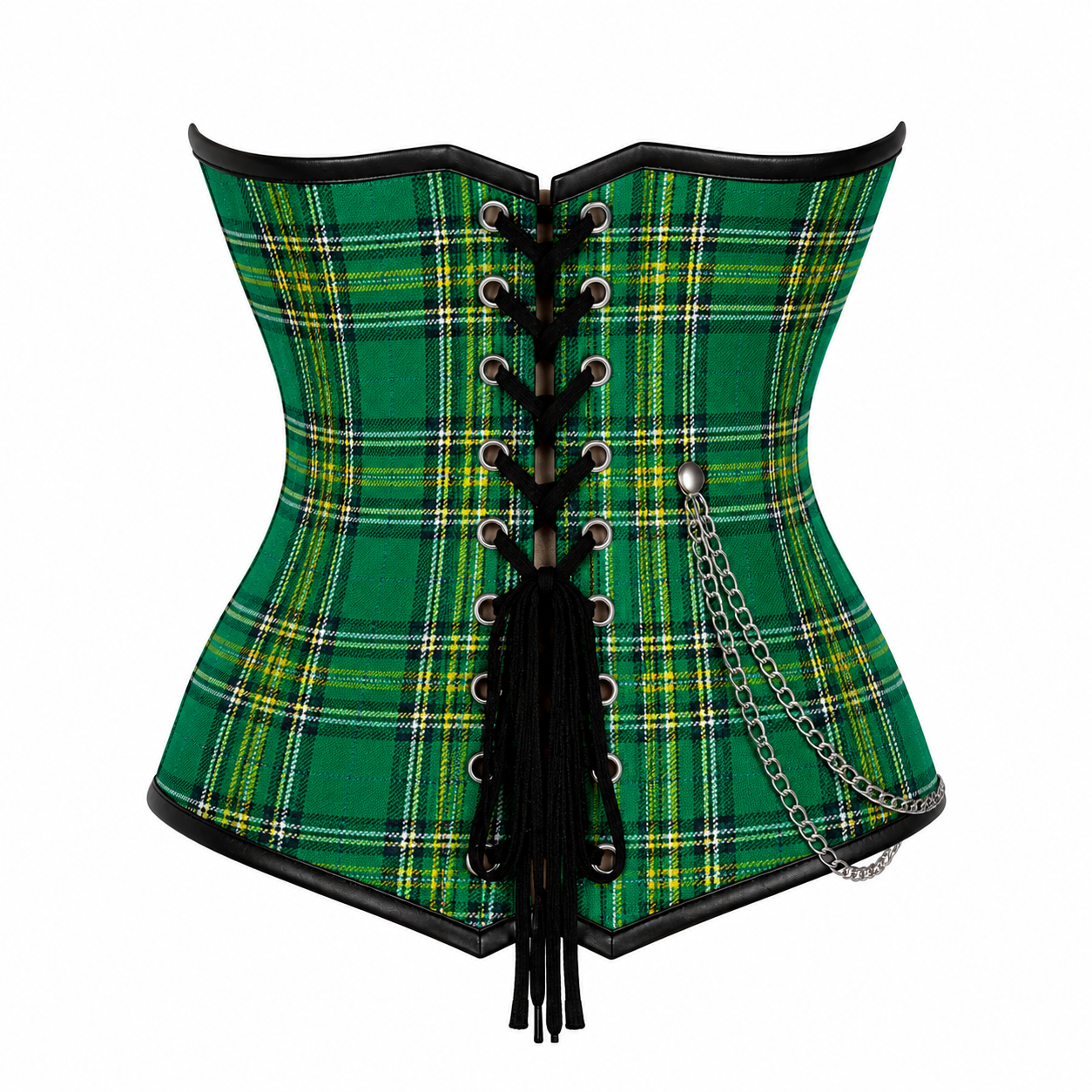 Emerald Rebel Green Tartan Overbust Corset with Black Faux Leather & Chain Detail