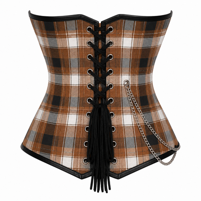 Brown Plaid Punk Corset, Brown Tartan Steampunk Corset