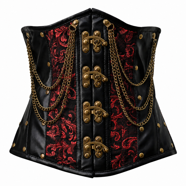 Steel Boned Red Gothic Brocade Under bust Corset with Chains