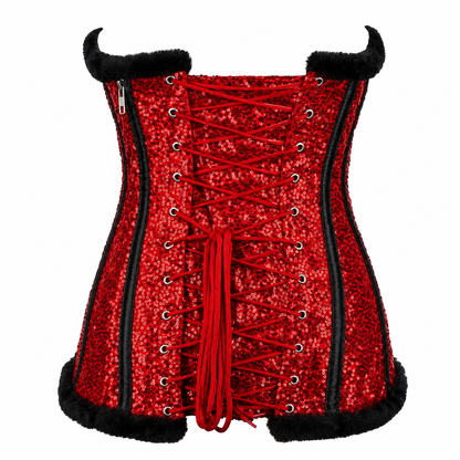 Red Sequin Overbust Corset with Faux Fur Trim & Bow