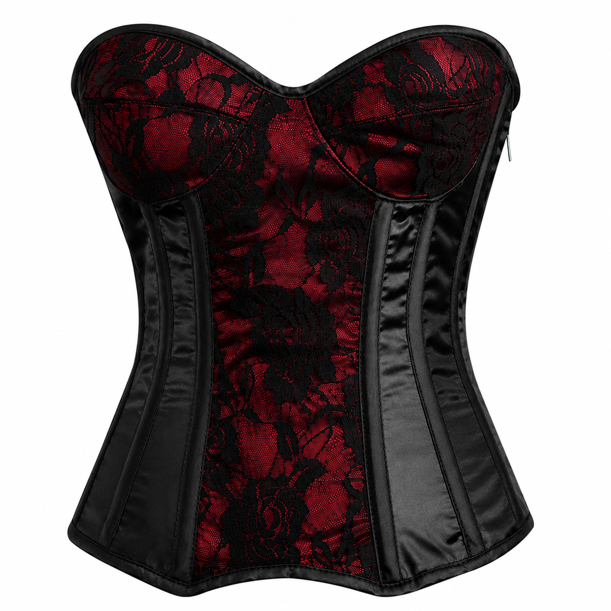 Handmade Red Black Satin Floral Lace Steel Boned Zipper Overbust Corset