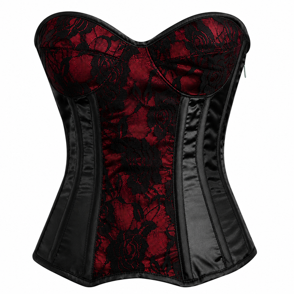Handmade Red Black Satin Floral Lace Steel Boned Zipper Overbust Corset