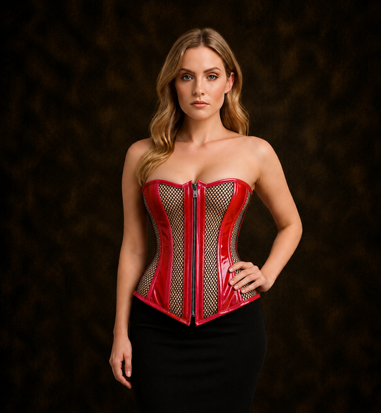 Red PVC Corset -Under bust Steel Boned w/ Fishnet