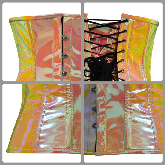 Steel Boned Underbust Holographic Corset in Yellow/Pink