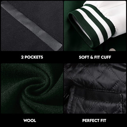 Varsity Baseball Jacket, Bomber Jacket with Real Leather Sleeves