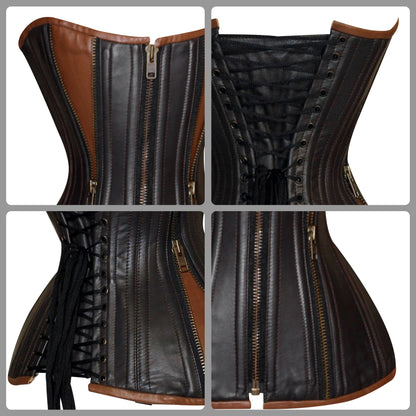 Steel Boned Real Leather Halfbust corset w/ Front Zipper