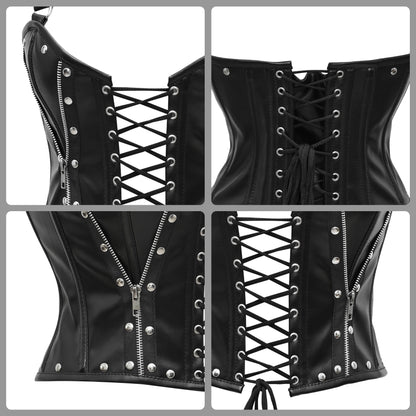 Black Real Leather Steel Boned Bustier Top corset w/ Halter Strap