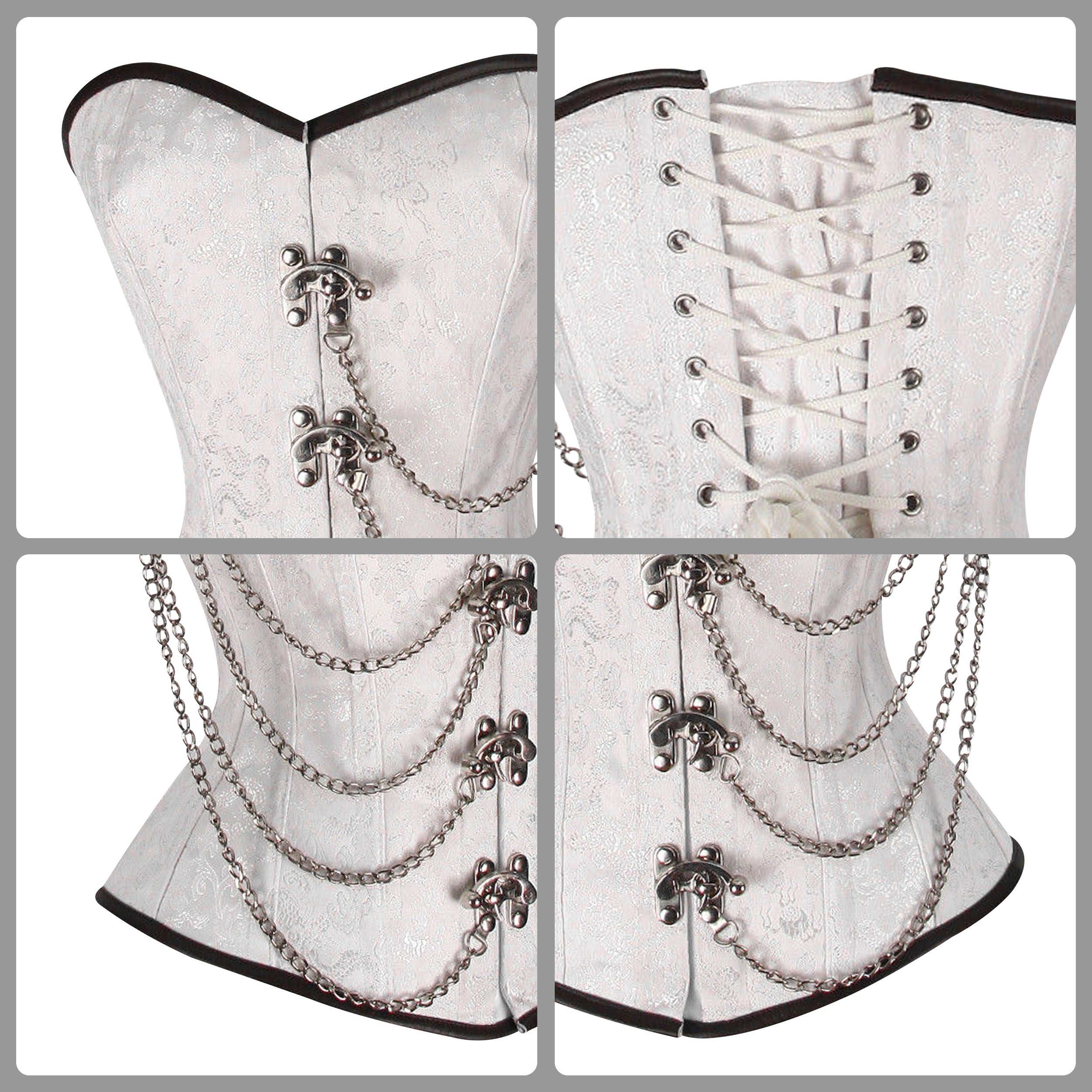Steel Boned White Brocade Overbust corset w/ Front Clasps and Chains