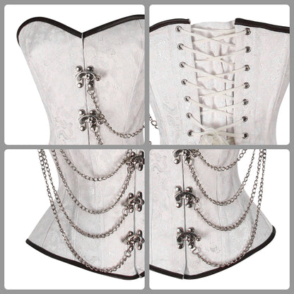 Steel Boned White Brocade Overbust corset w/ Front Clasps and Chains