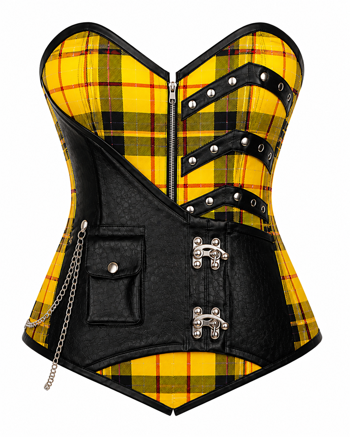 Yellow Plaid Punk Corset – Chain Detail Overbust Bustier