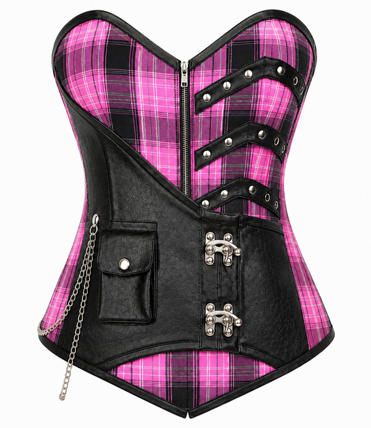 Pink Tartan Rebel Overbust Corset with Chains & Buckles.