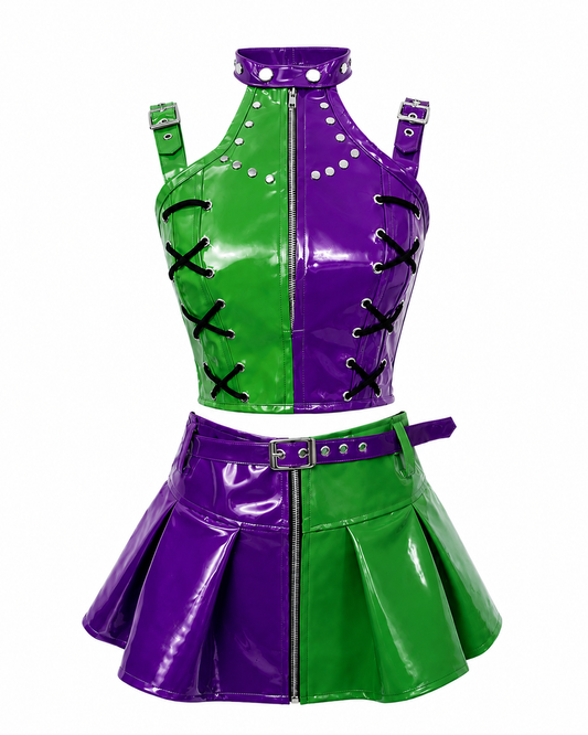 Joker Jester PVC Corset with Pleated Skirt & Strap Detail Set